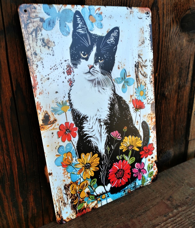 Plechová cedule Kočka a květiny